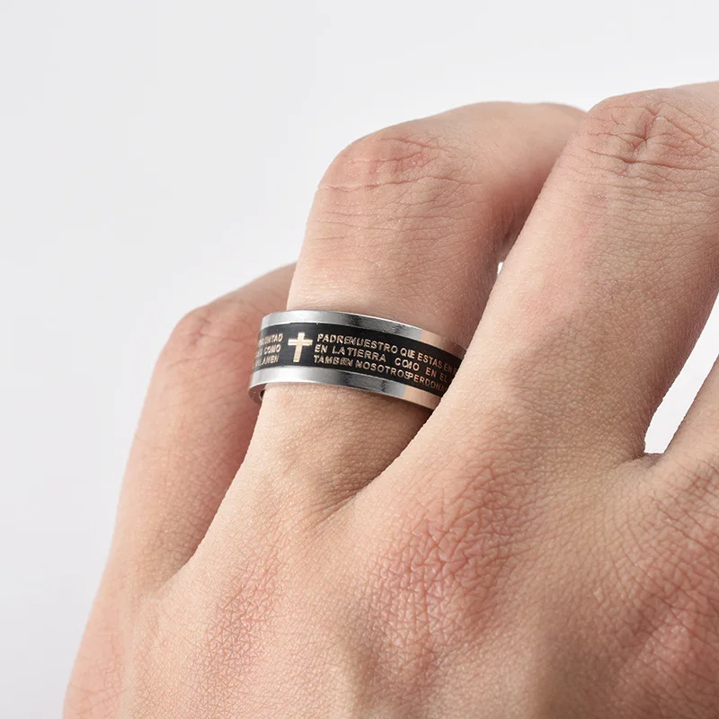 

2021 Classic Scripture Letter Engraved Bible Cross Ring For Men Stainless Steel Stylish Prayer Black Finger Ring Male Jewelry