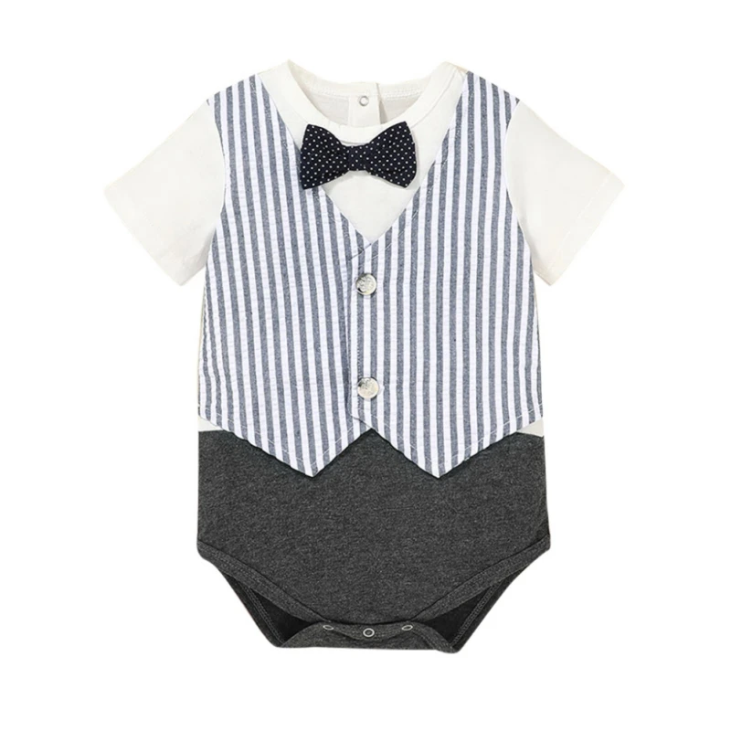 

Newborn Baby One Piece Romper Summer Infant Boys Short Sleeve Stripe Bodysuit with Bow-Tie Gentleman Clothing Outfits 0-12M
