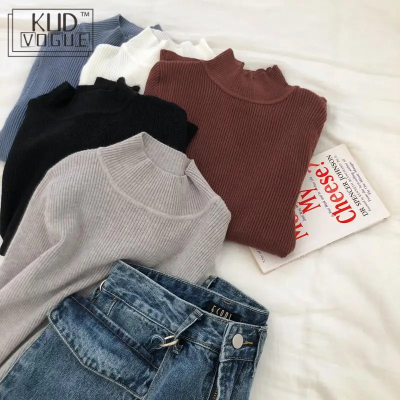 Женский трикотажный свитер с высоким воротником на весну и осень корейский