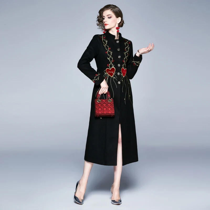 

2020 Winter Vintage Peach Heart Embroidery Woolen Coat Women Single-breasted Thick Warm Wool Overcoat Female Pocket Long Outwear
