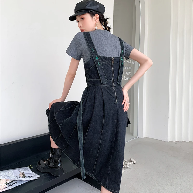 

XIZIHUPAN Vintage Solid Denim Dress For Women Square Collar Sleeveless High Waist Irregular Midi Dresses Females Summer 2021 New