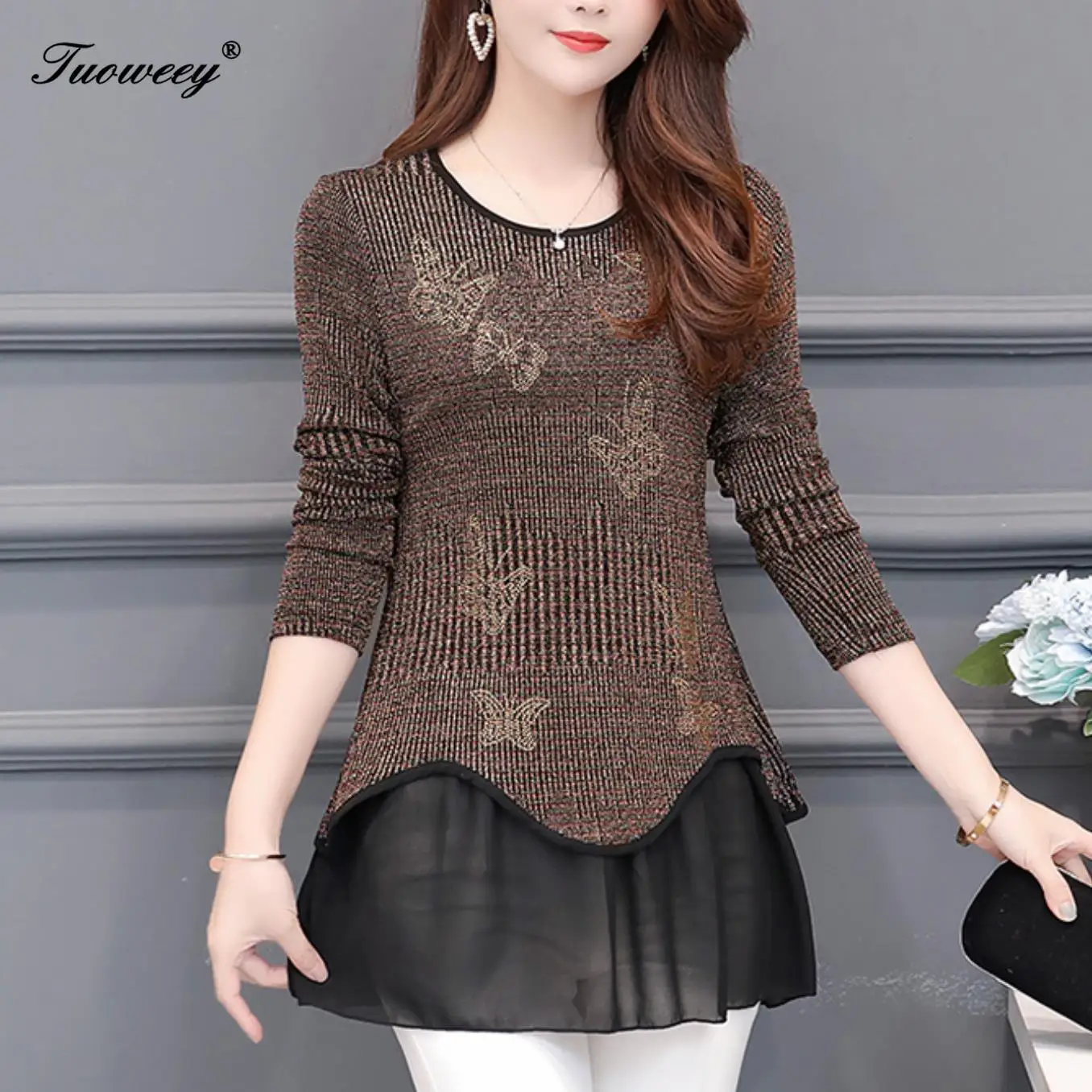 

Новая весенняя блузка с круглым вырезом, весна 2020, полностью Лоскутные кружевные блузки с краями, рубашка с бабочками и цветами, модная женс...