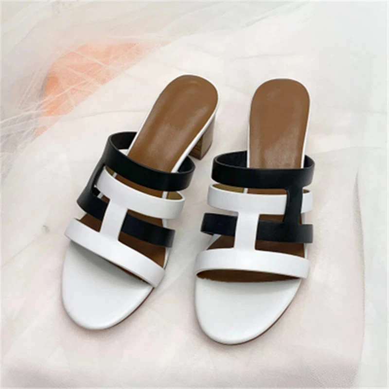 

Luxury Brand H Slippers Woman Summer Chunky Med Heels Slip on Weaving Shoes Women Slides Chaussures Femme Mixed Colors Sandals