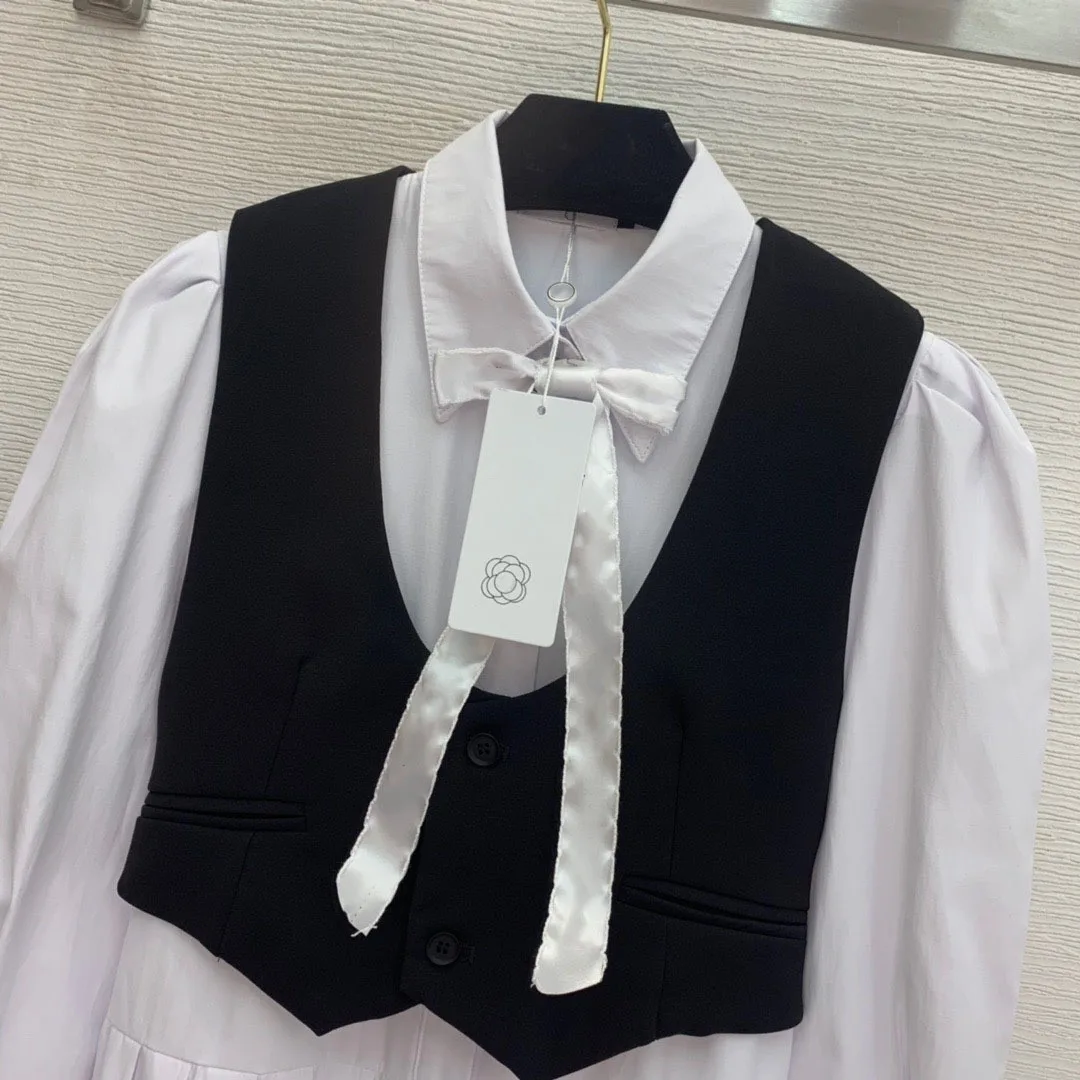 

Hoge Kwaliteit Herfst Vrouwen Nieuwe Custom High-End Strikje Afneembare Revers Lange Mouwen Jurk + Vest tweedelige Set