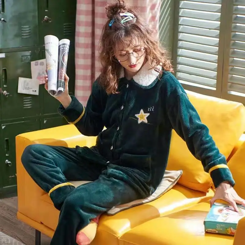 

Coral Velvet Pajamas for Women Thickened Plus Flannel Sleepwear Autumn Winter Cute Grils Top Home Service Suits Nightwear Pijama