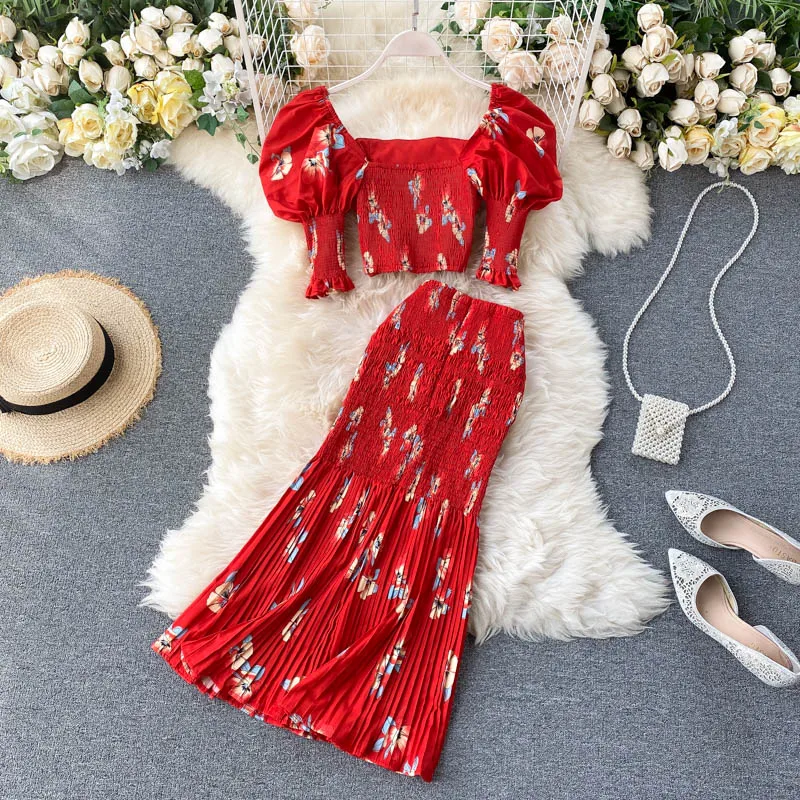 Модные комплекты с цветочным принтом Женская юбка квадратным вырезом для