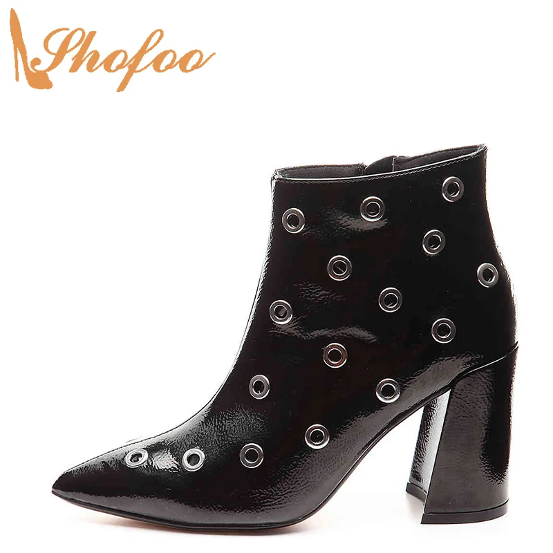 

Женские ботильоны на молнии, зимние черные ботинки с острым носком, на каблуке с перфорацией, большие размеры 11 15