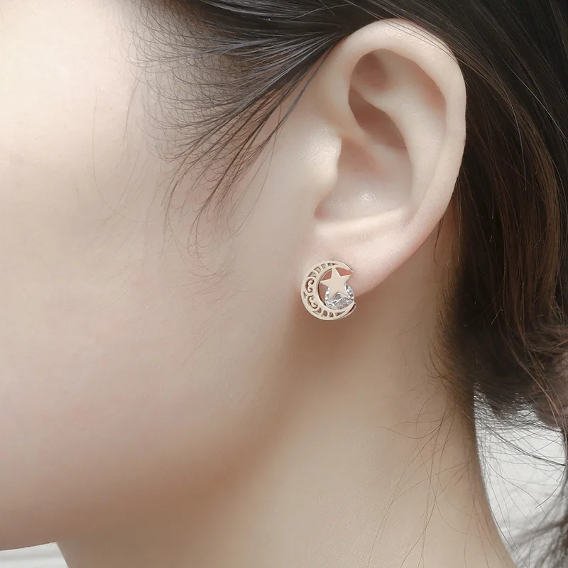 Нержавеющая сталь луна и звезды очарование серьги кольца для женщин из розового