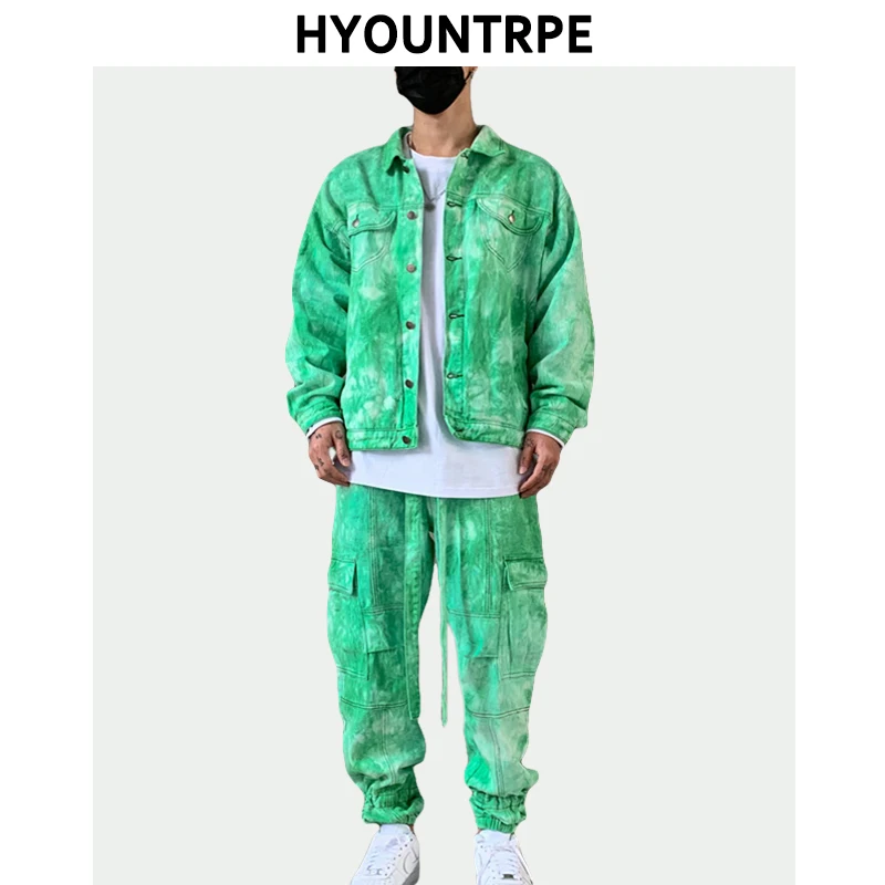 Мужской джинсовый брючный костюм однобортная куртка из джинсовой ткани и