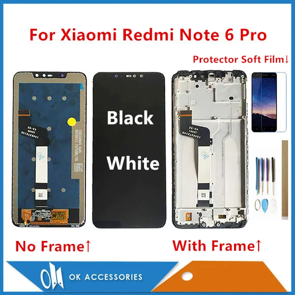 

6,26 "для Xiaomi Redmi Note 6 Pro ЖК-дисплей с сенсором сенсорного экрана дигитайзер черный белый цвет с рамкой с набором