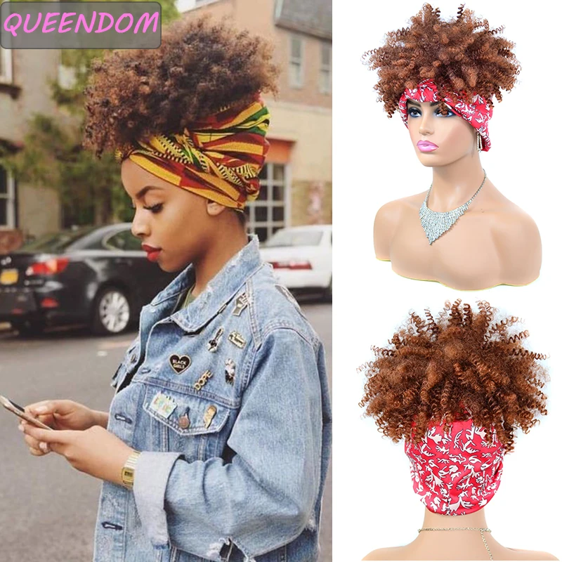 

Short Afro Kinky Curly HeadBand Wig Synthetic Ombre Brown Blonde Turban Wrap Wigs for Black Women Drawstring Headwrap Wig 2 In 1