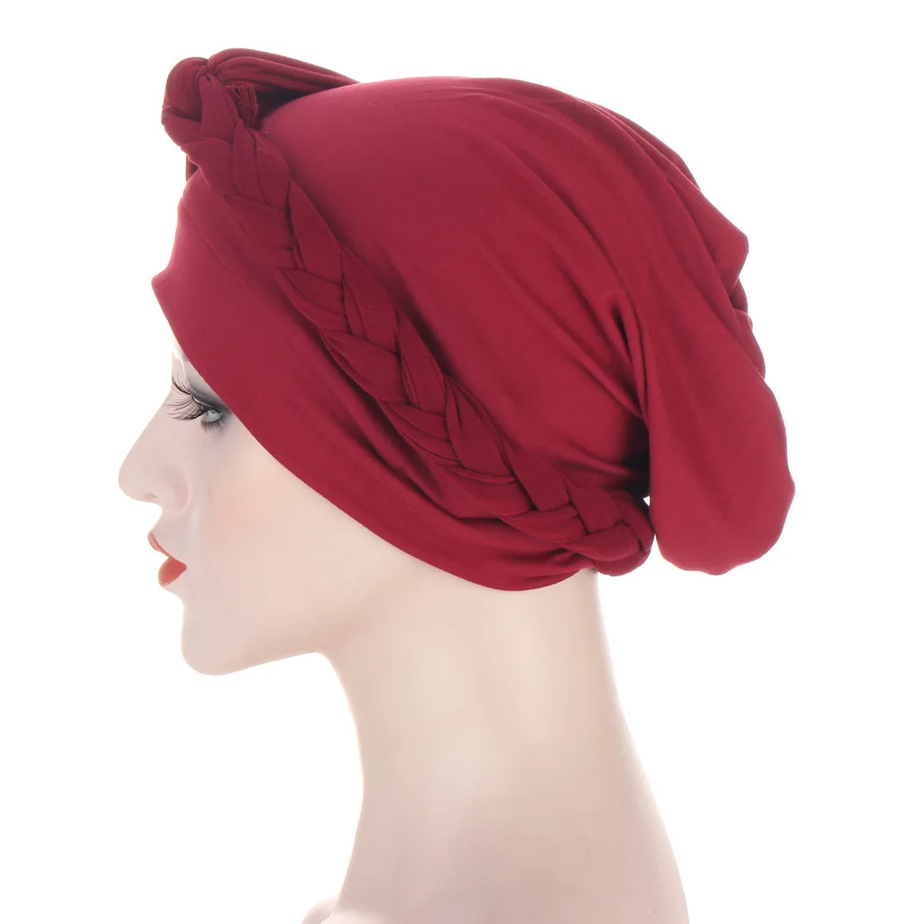 

Braid Decor Twisted Jersey Hijabs Muslim Women Elastic Solid Color Turban Headband Easy Cap Chemo Hat Head Wrap Hair Accessories