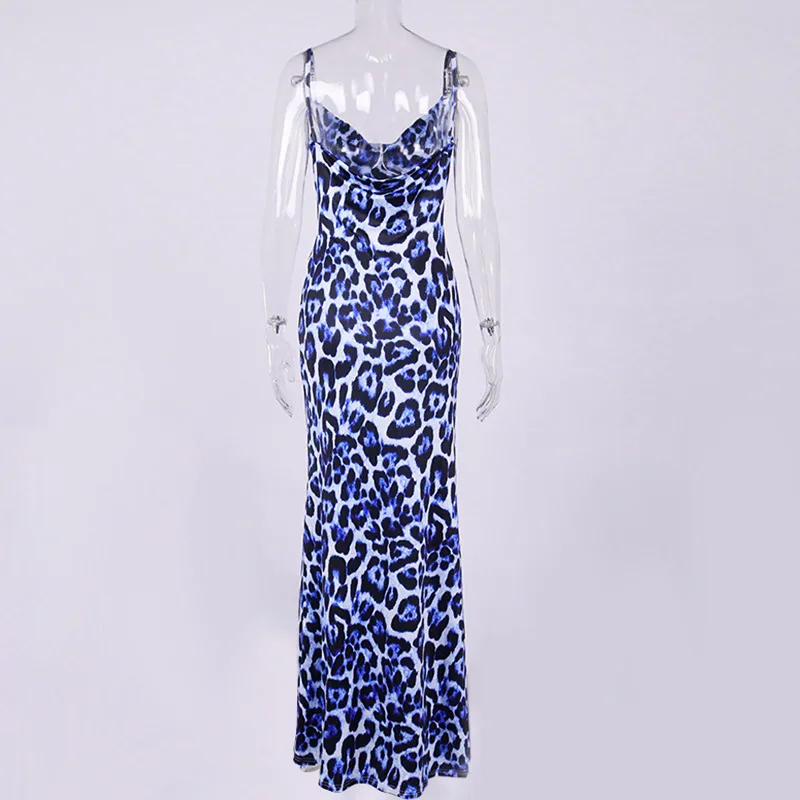 

Sexy Backless Spaghetti Straps Leopard Print A-Line Dress Woman Sleeveless High Split Slim Maxi Dress Lady Beach Dress Robe Pull