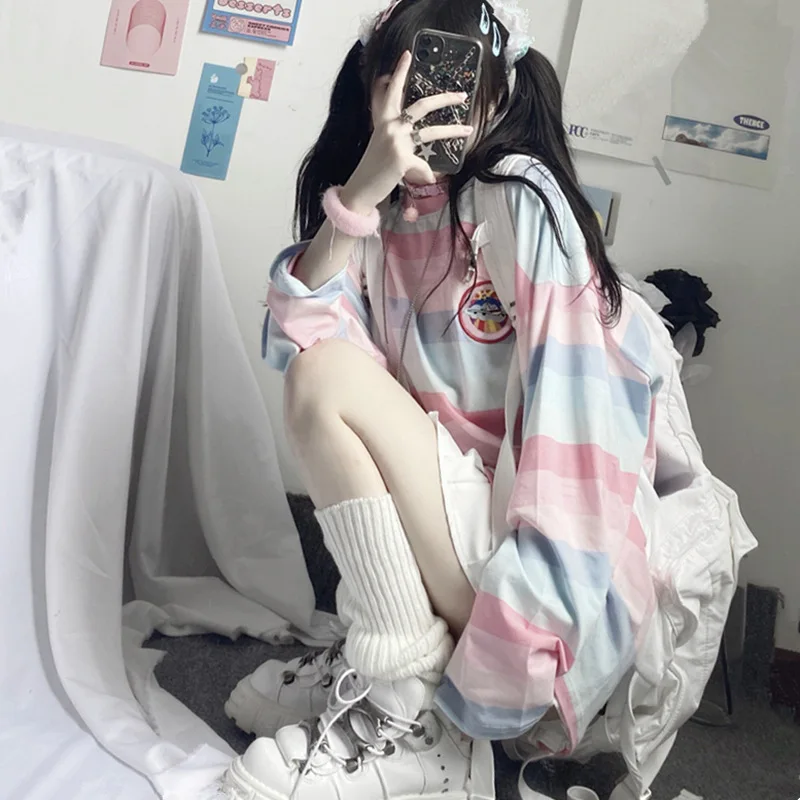 Футболка женская с длинными рукавами радужной расцветки милый Свободный