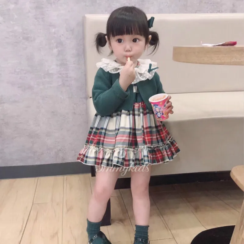 Новое зеленое вязаное платье испанской академии для девочек кардиганы комплект