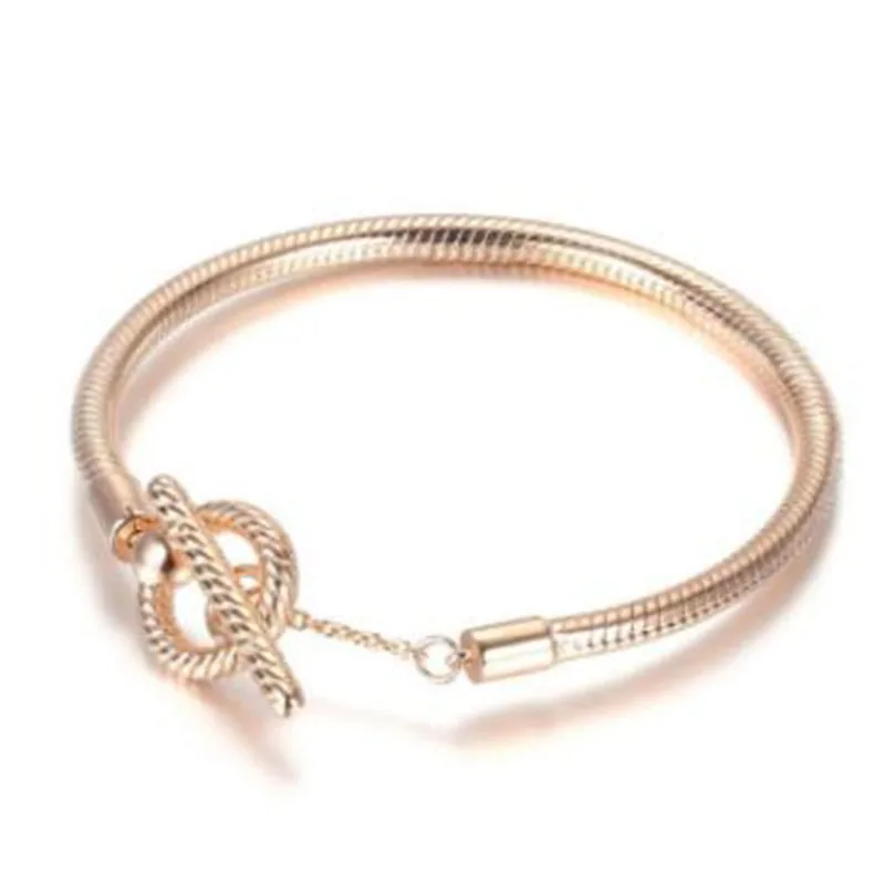 

925 Sterling Silver Rose Gold Open Type Close Set Round Button Pan Bracelet Fit Fine Original Pan Bead Charm Diy Jewelry