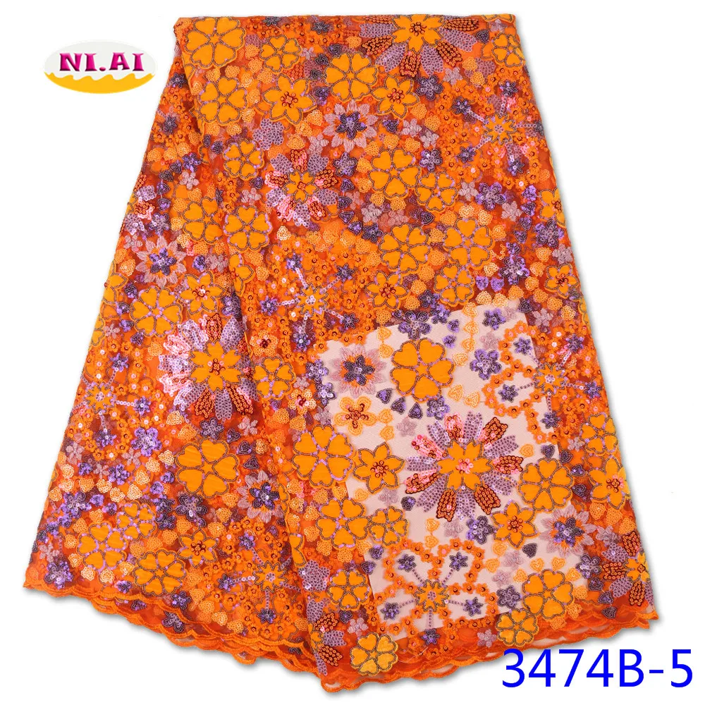 

Оранжевая африканская бархатная кружевная ткань с блестками, Высококачественная африканская вышивка, сетчатая кружевная ткань для женско...