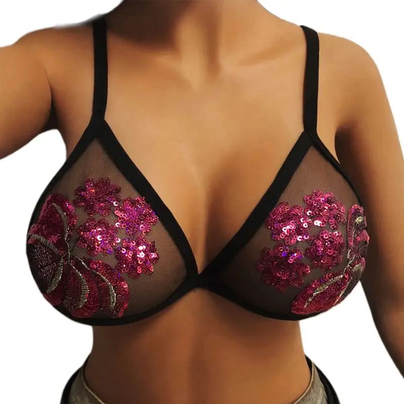

Womens Spaghetti Strap Bustier Sexy V-Neck Glitter Butterfly Flower Sequin Underwear Bra Erotic Sheer Mesh Cup Lingerie Bralette