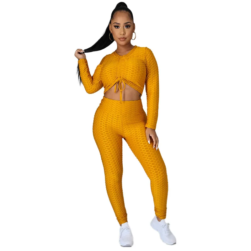 

Hot Style Women Casual Solid Tracksuits Autumn Winter Drawstring O-neck Shirring Short Tees Skinny Sport Pants Plus Size Outfits