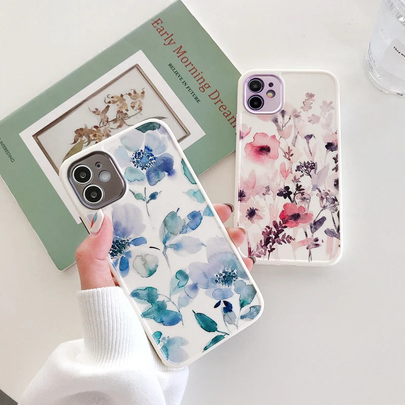 

INS Watercolor Flowers Square Phone Case For iPhone 12 Pro 11 Pro Max XR XS Max 8 7 Plus SE 2020 X Soft Camera Protection Cover