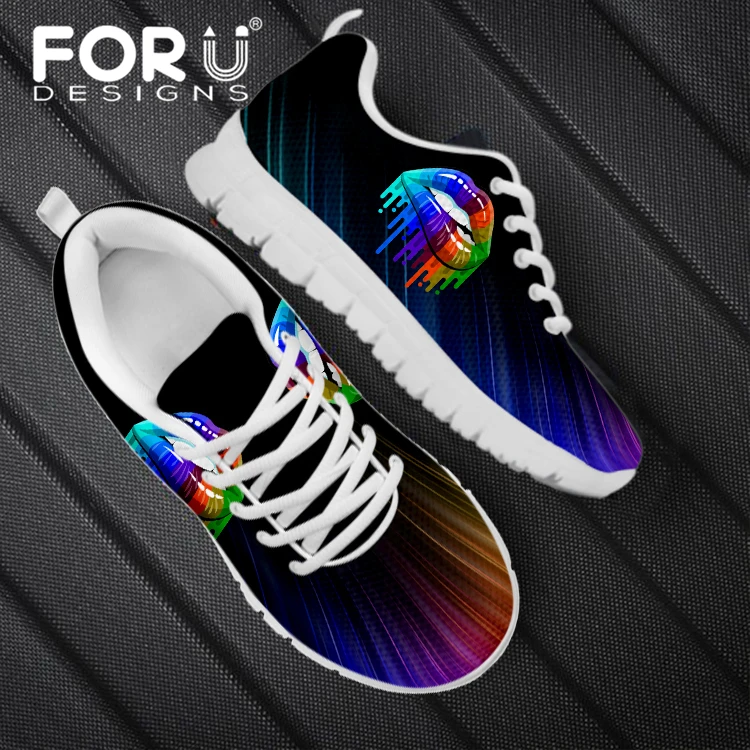 

FORUDEISGNS White Bottom Black Sneakers New Rianbow Lip Pattern Shoes Woman Sports Breathable Flat Shoes Students Casual Shoes