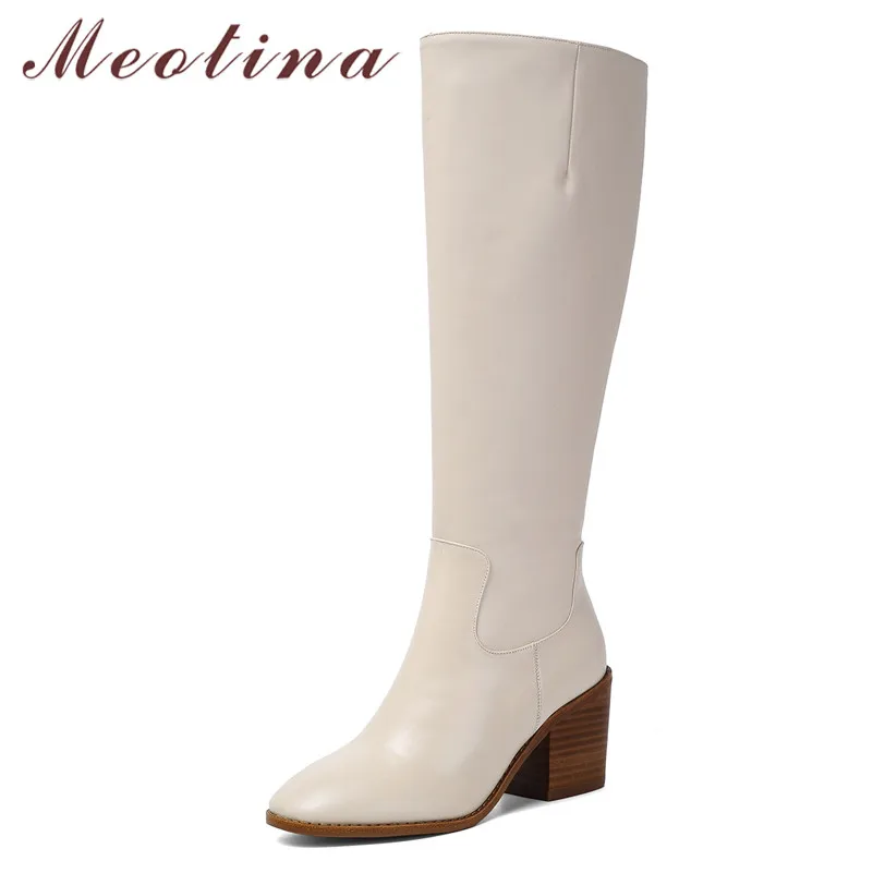 

Meotina Winter Knee High Boots Women Natural Genuine Leather Thick High Heel Riding Boots Zipper Round Toe Shoes Ladies Size 39