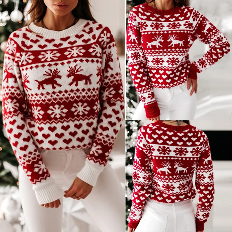 

Sweater Women Christmas Deer Knitted Long Sleeve Round Neck Ladies Jumper Fashion Casual Winter Autumn Pullover ClothesPlus Size