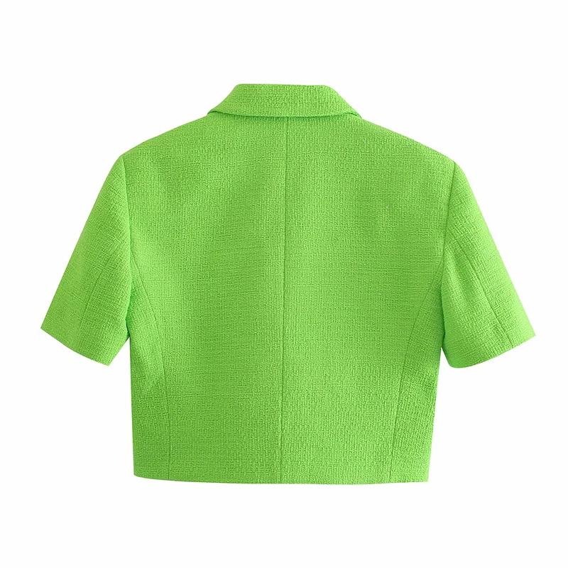 

WXWT Za 2021 New Women's Set Green Textured Crop Blazer and Shorts Set 2 Piece Tracksuit Femme Clothes OZZ1067