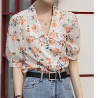 french chiffon shirt 2021 female summer new design niche retro short sleeved chic floral high end blouse tshirt women