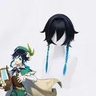 Парик Venti для косплея из аниме игры Genshin ударопрочный парик синий короткий парик и 2 челки для конского хвоста парик для костюма парик для вечеринки