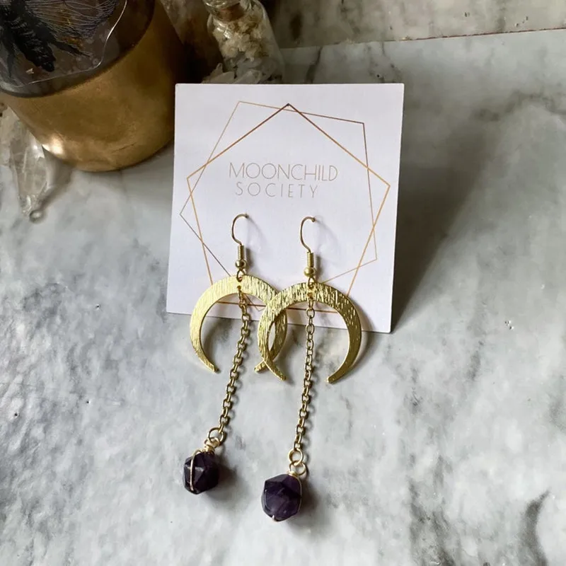 

Gothic Crescent Moon Long Purple Crystal Dangle Earrings Bohemia Style Celestial Witchy Jewelry For Women Girl Gift