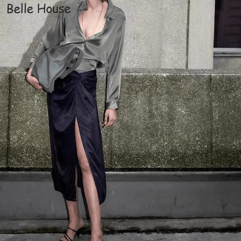 

Women's Clothing 2021 Elegant Solid Color High-Waisted Skirt Chic Bow Asymmetric Folds High Split Office Lady Dresses BHN2150