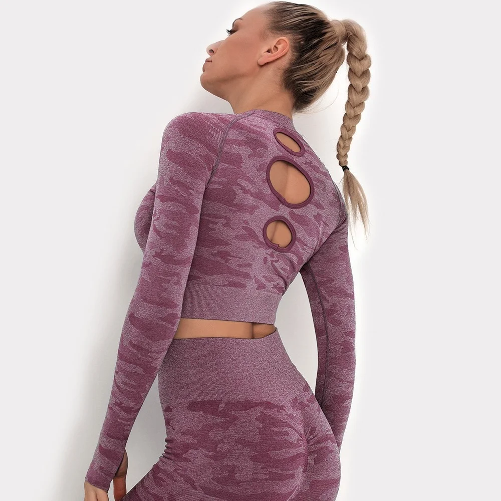 

Женский Камуфляжный бесшовный укороченный топ, бесшовный топ с длинным рукавом, спортивная одежда для женщин, женский укороченный топ, трен...