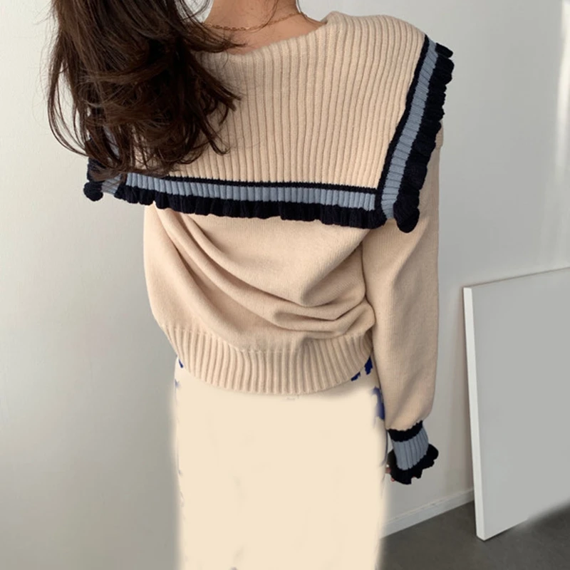 RICININA Knitted Sweater Women Soldier Collar Long Sleeve Ruffles Casual Sweaters Ladies Elegant 2020 Knitting Pullovers | Женская