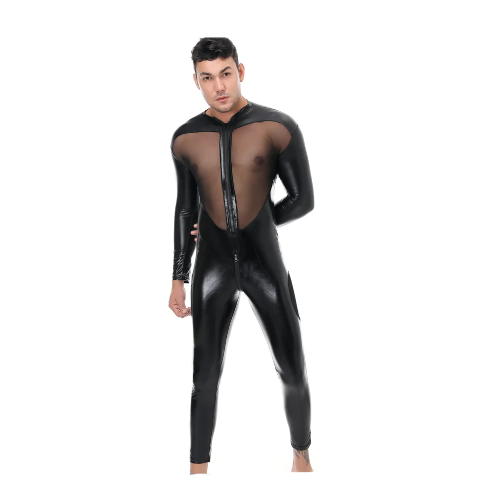 

Thin Tight Mesh Bodysuit Sexy Lingerie for Men Wet Look Shiny Long Sleeve Full Body Catsuit Zentai Suit Fetish Sexy Costume