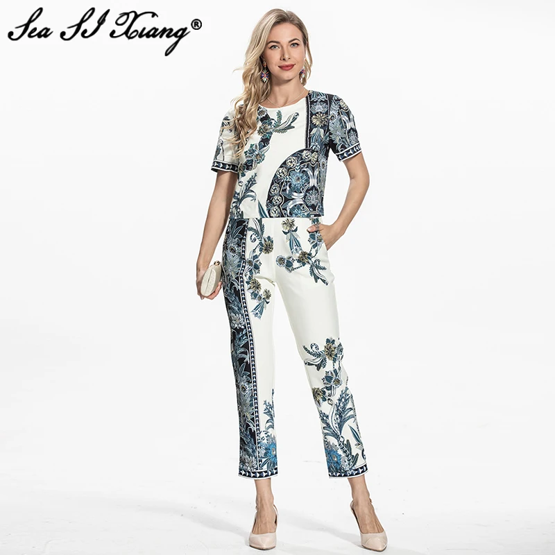 

Seasixiang Fashion Designer Summer Suit Women O-Neck Short Sleeve Beading Top+Floral Print Pencil Pants Indie Folk Two Piece Set