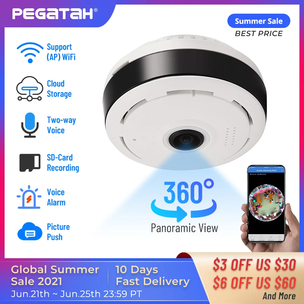 Камера видеонаблюдения рыбий глаз 1080P Wi Fi 360 градусов|Камеры видеонаблюдения| |