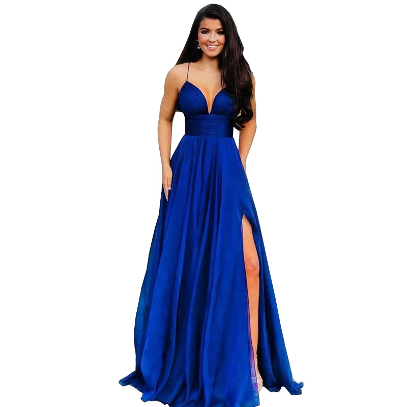 Женское длинное вечернее платье без рукавов темно синее Плиссированное