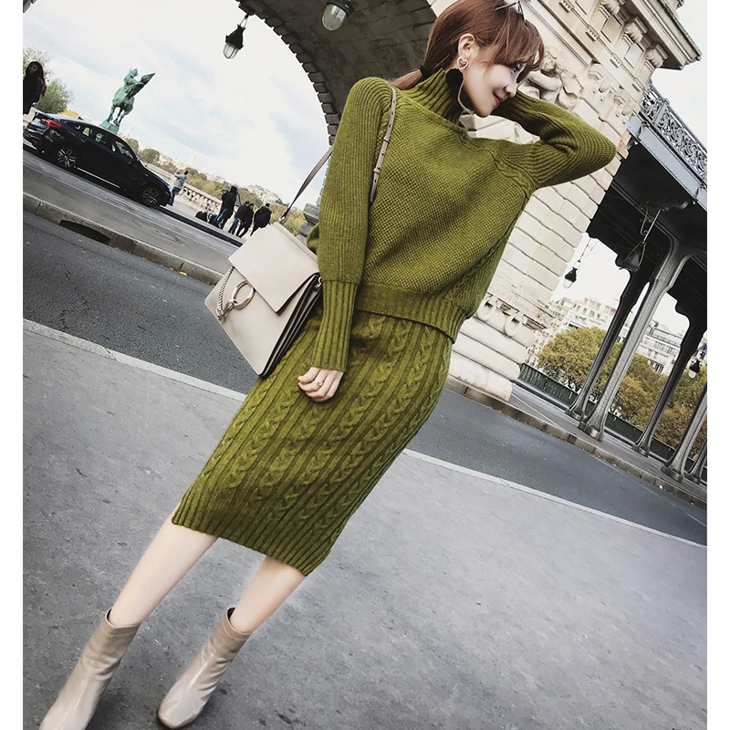 Женский комплект 2 шт. с длинными рукавами водолазка свитер + юбка-карандаш