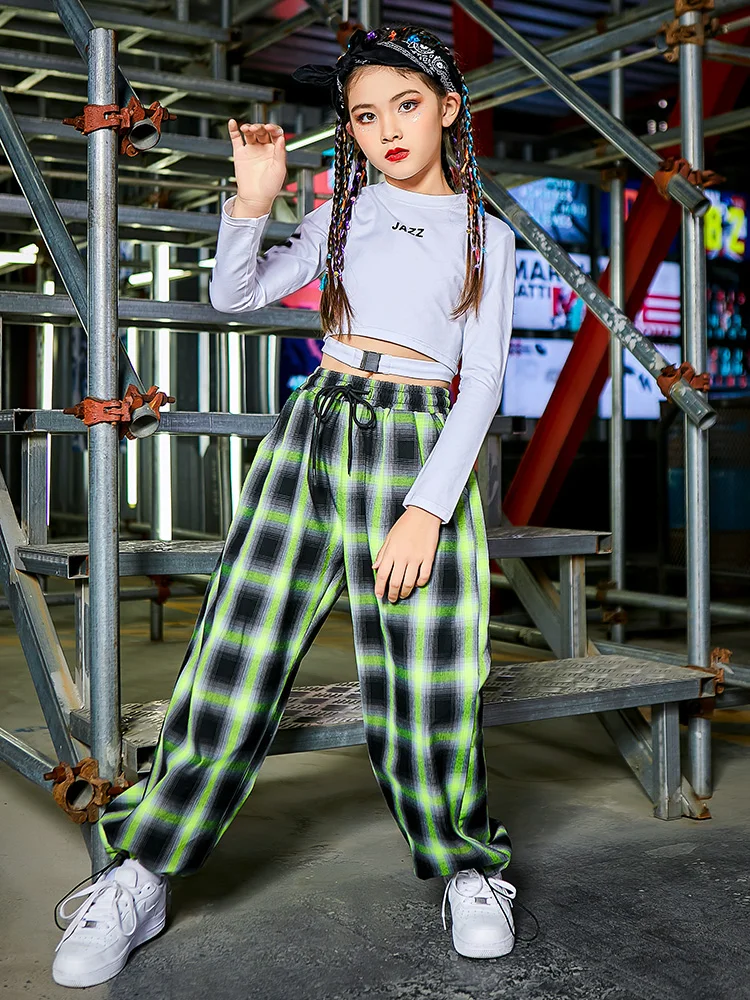 

Hip Hop Children'S Clothes Korean Fashion Girls White Long-Sleeved Plaid Trousers Jazz Dance Costumes Suits Clothes WD0140