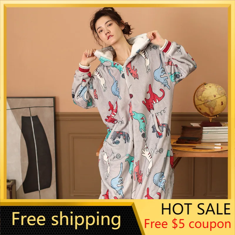 

Nightdresses for Women Autumn Winter Long Thick Velvet Warm Pajamas Robes Korean Girls animal Hooded Home Lounge Wear Suit