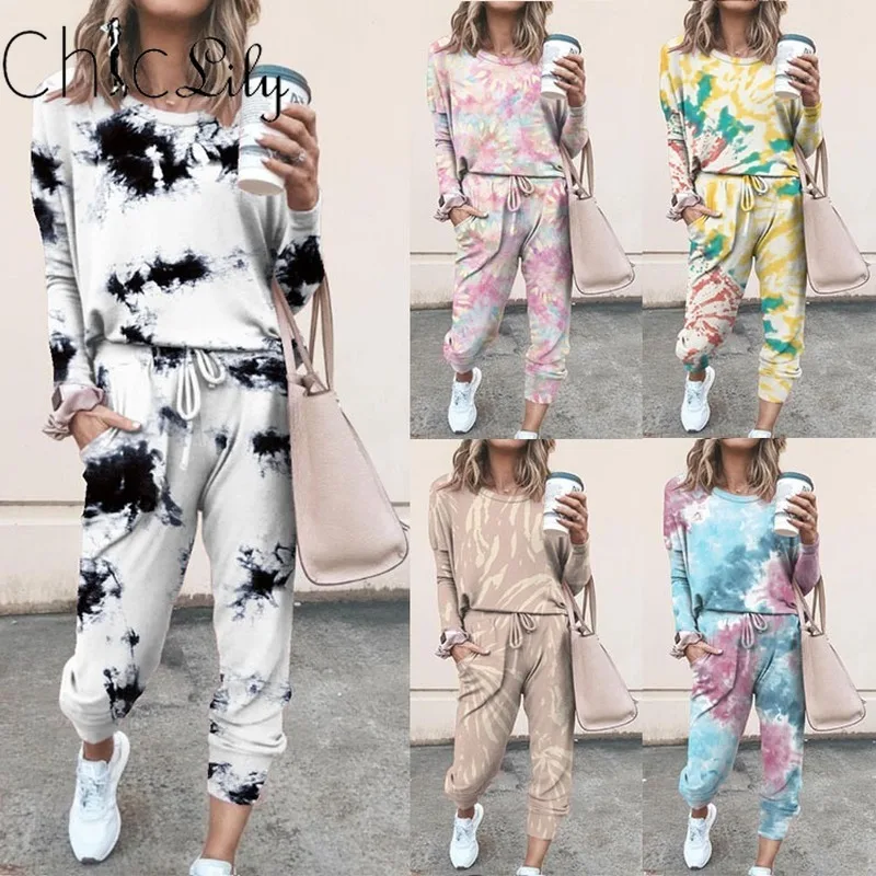 

Chiclily Tie-dye Printed Casual Pajamas Set Long Sleeve Women Suit Home Wear Women Two Piece Outfits 5Colors
