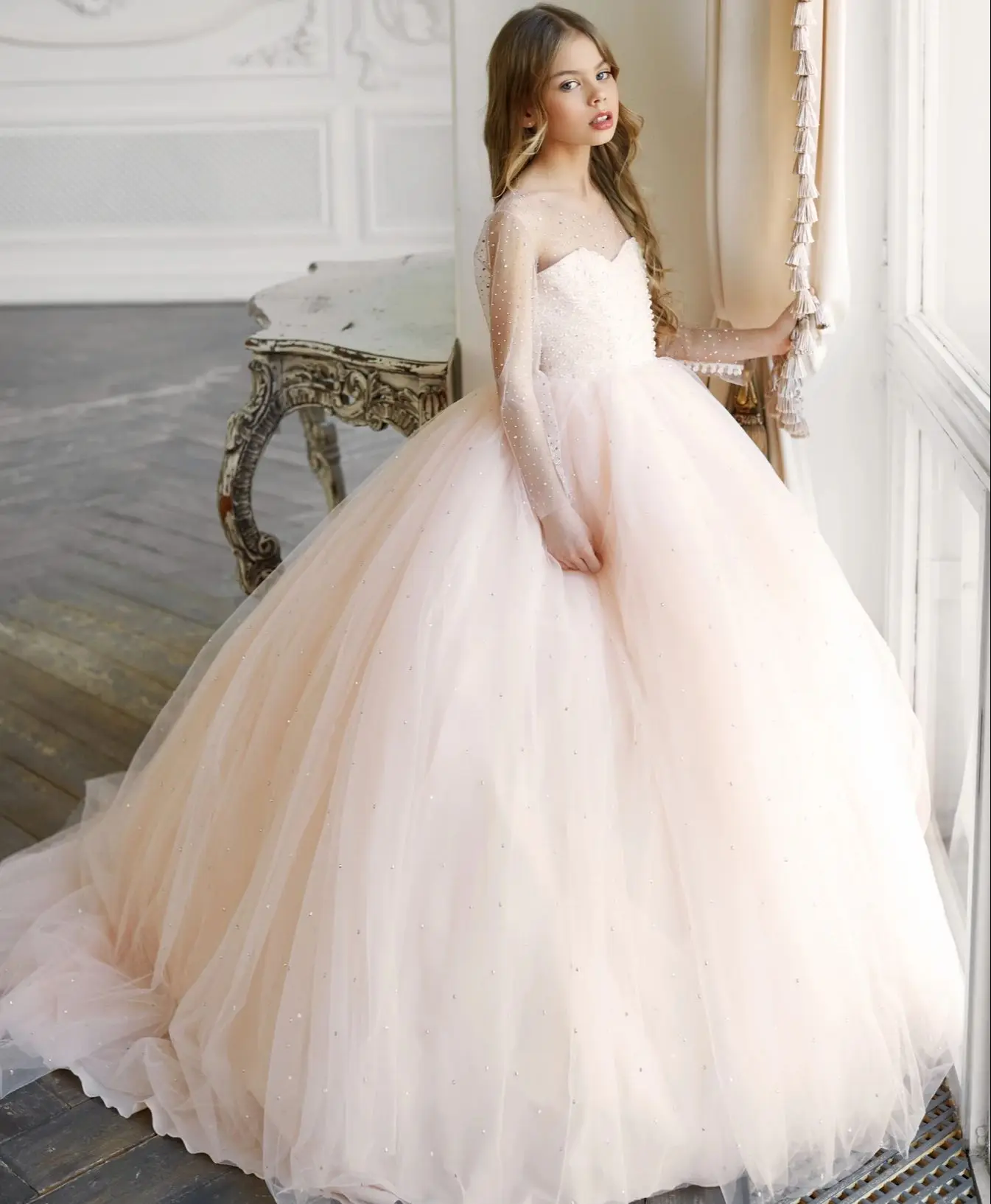 

Светильник-розовые цветочные платья для девочек на свадьбу, выпускной вечевечерние Стразы для девочек наряды для конкурса кружевные юбки с длинным рукавом для детей на день рождения