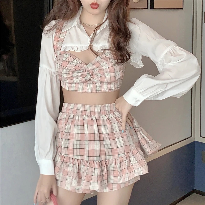 

Korean Summer Fashion Outfit Sexy Short Ruffles Shirt Plaid Bow Suspender Mini Elastic High Waist Skirt Vacation Three-Piece Set