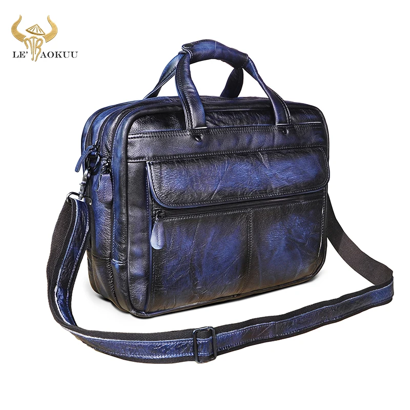 Top Quality Men Leather Antique Blue Fashion Travel Briefcase Business 15.6