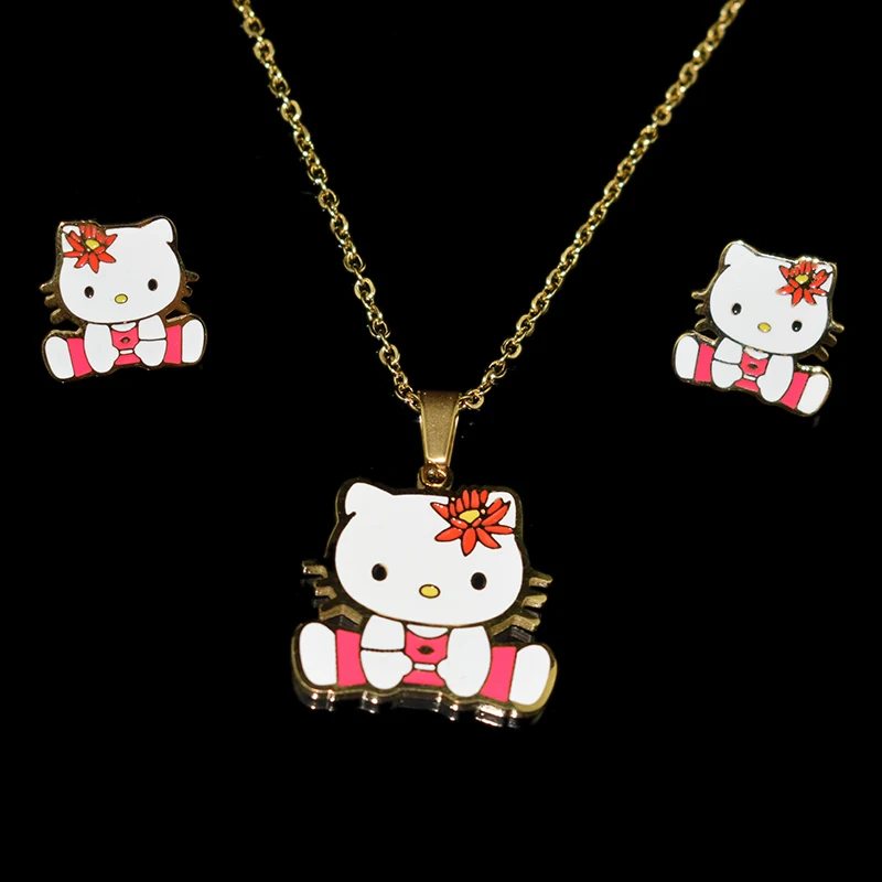 Ожерелье с рисунком hello kitty, детские серьги, ожерелье, набор золотых милых мультяшных котов, ожерелье, детский подарок, ожерелье из нержавеющей стали