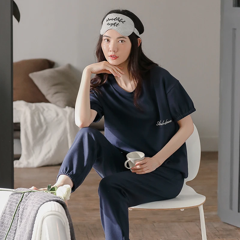 

Длинные брюки с коротким рукавом, мягкая хлопковая Домашняя одежда, повседневная домашняя одежда, элегантная женская пижама, простой топ с ...