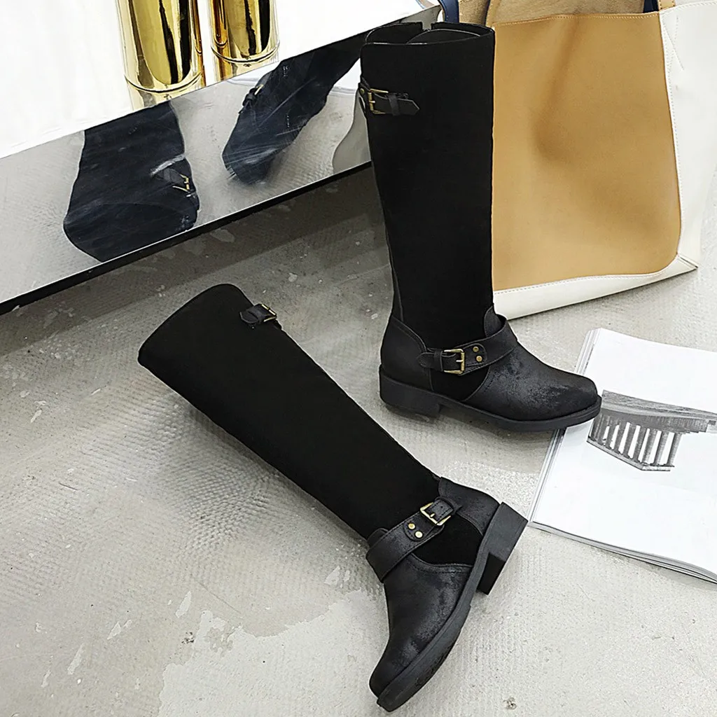 Женская обувь женские сапоги до колена на низком квадратном каблуке черные