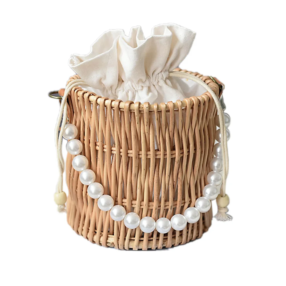 

Rattan Tote Bag Beach Basket Handwoven Brown Not Contain Cute Pearl Handle For Women Bohemian Straw Cylinder Baskets Handbag