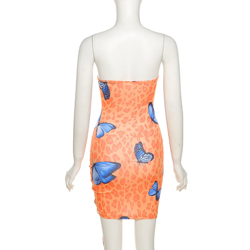 

Women Summer Dress Butterfly Print Off Shoulder Hollow Out High Waist Sheath Mini Dress with Drawstring for Female Summer Party